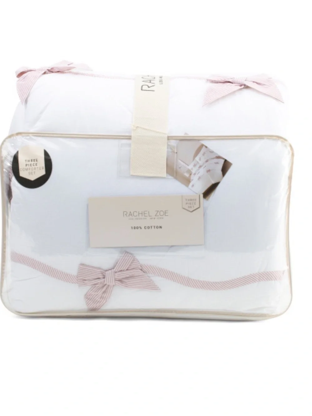 Rachel Zoe White Cotton Comforter Set with Blush Ribbon Detail